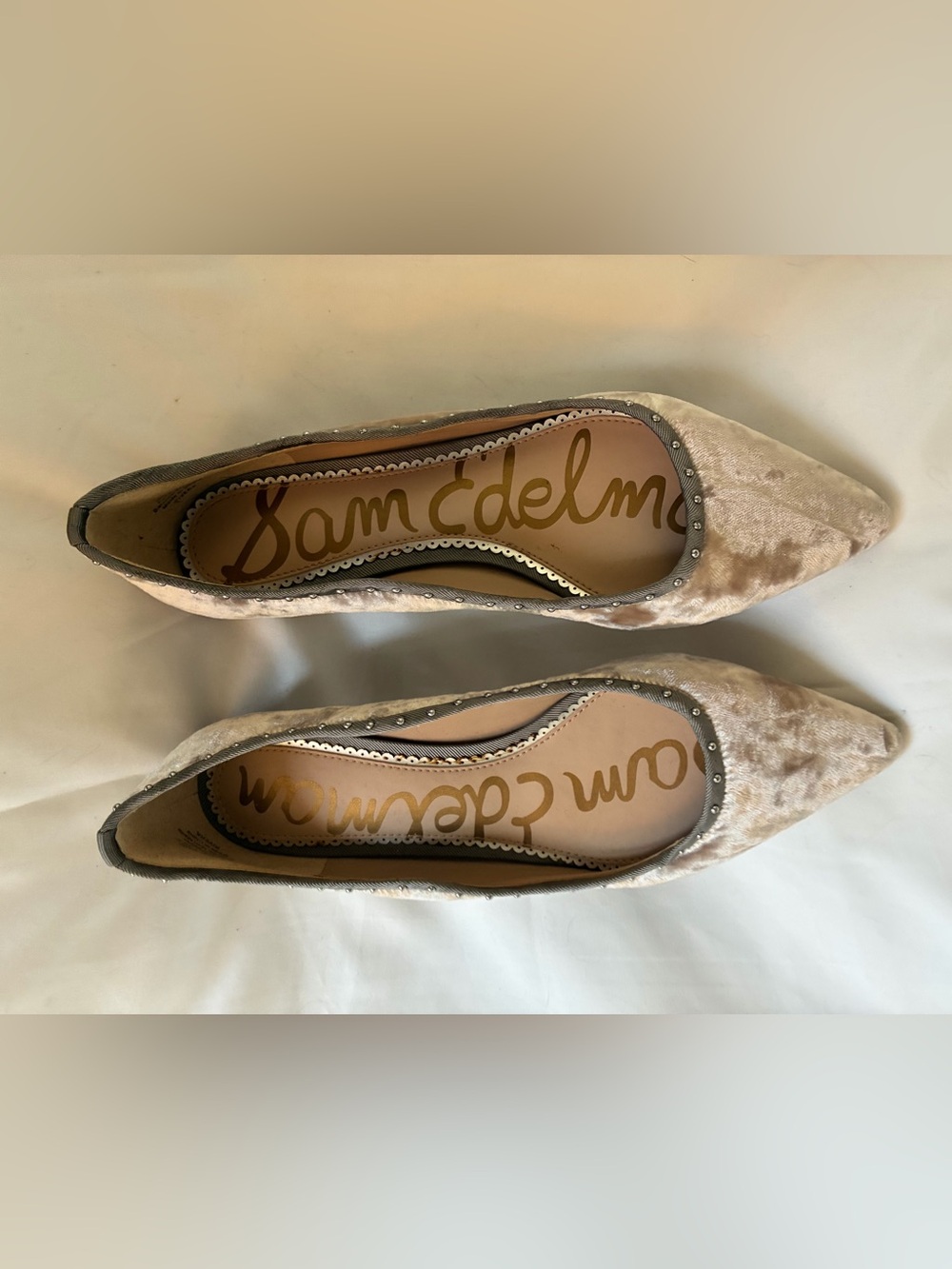 Sam Edelman Beige Velvet Pointed-Toe Stud Trim Flats size 8 1/2